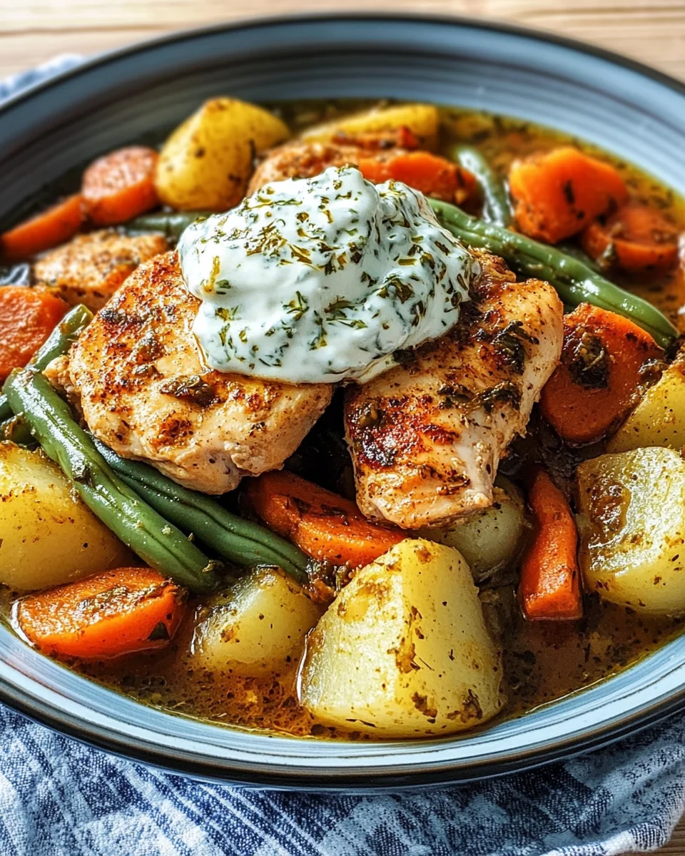 Herzhafter Hähncheneintopf mit Buschbohnen und Kräuterschmand