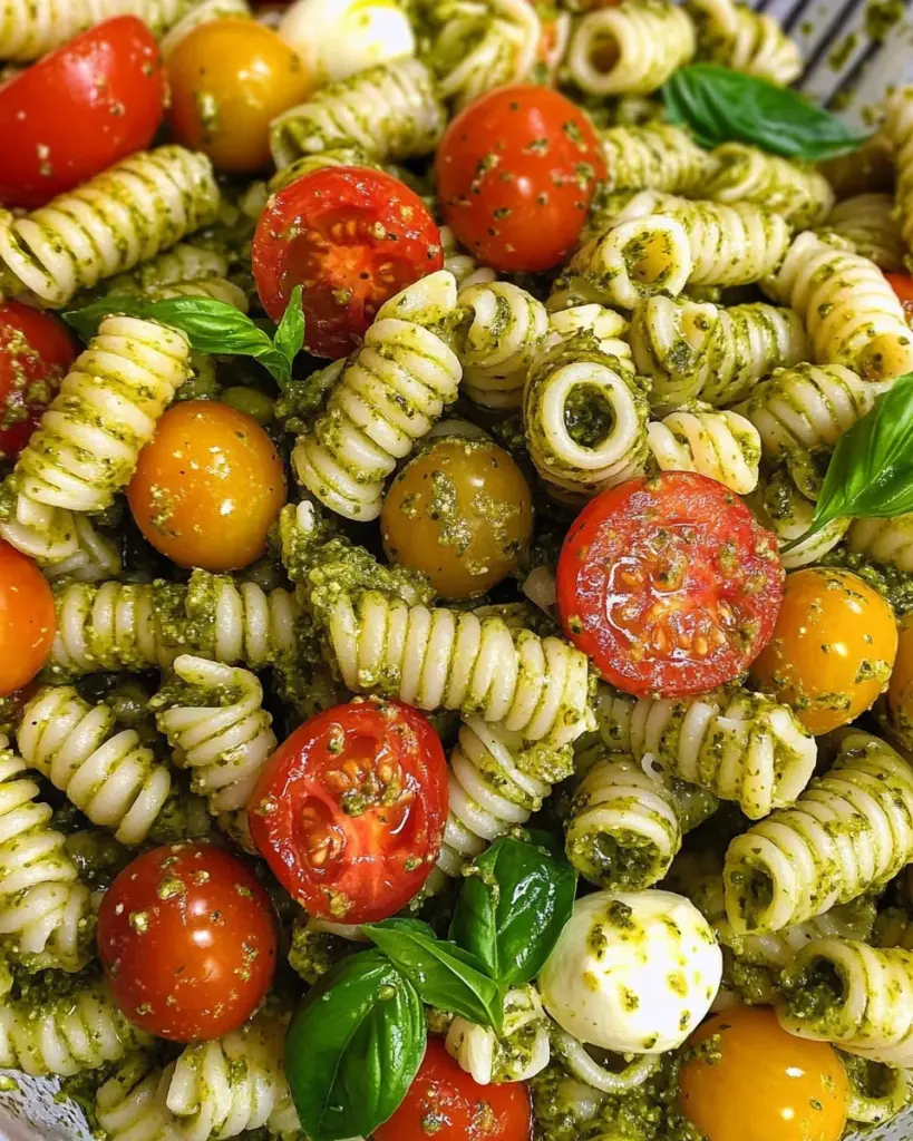 Pesto-Nudelsalat mit Tomaten und Mozzarella