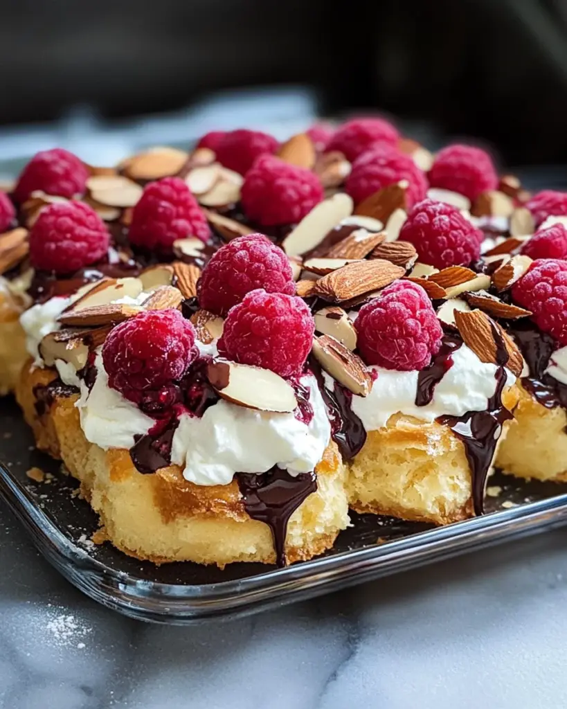 Windbeutel-Dessert mit Quarkcreme und Himbeeren