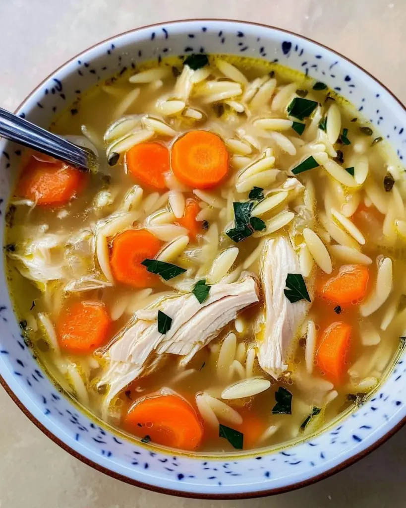 Zupa z kurczakiem, makaronem orzo i marchewką.