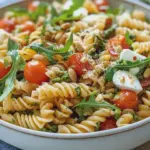 Nudelsalat mit Tomatenpesto, Rucola und Mozzarella
