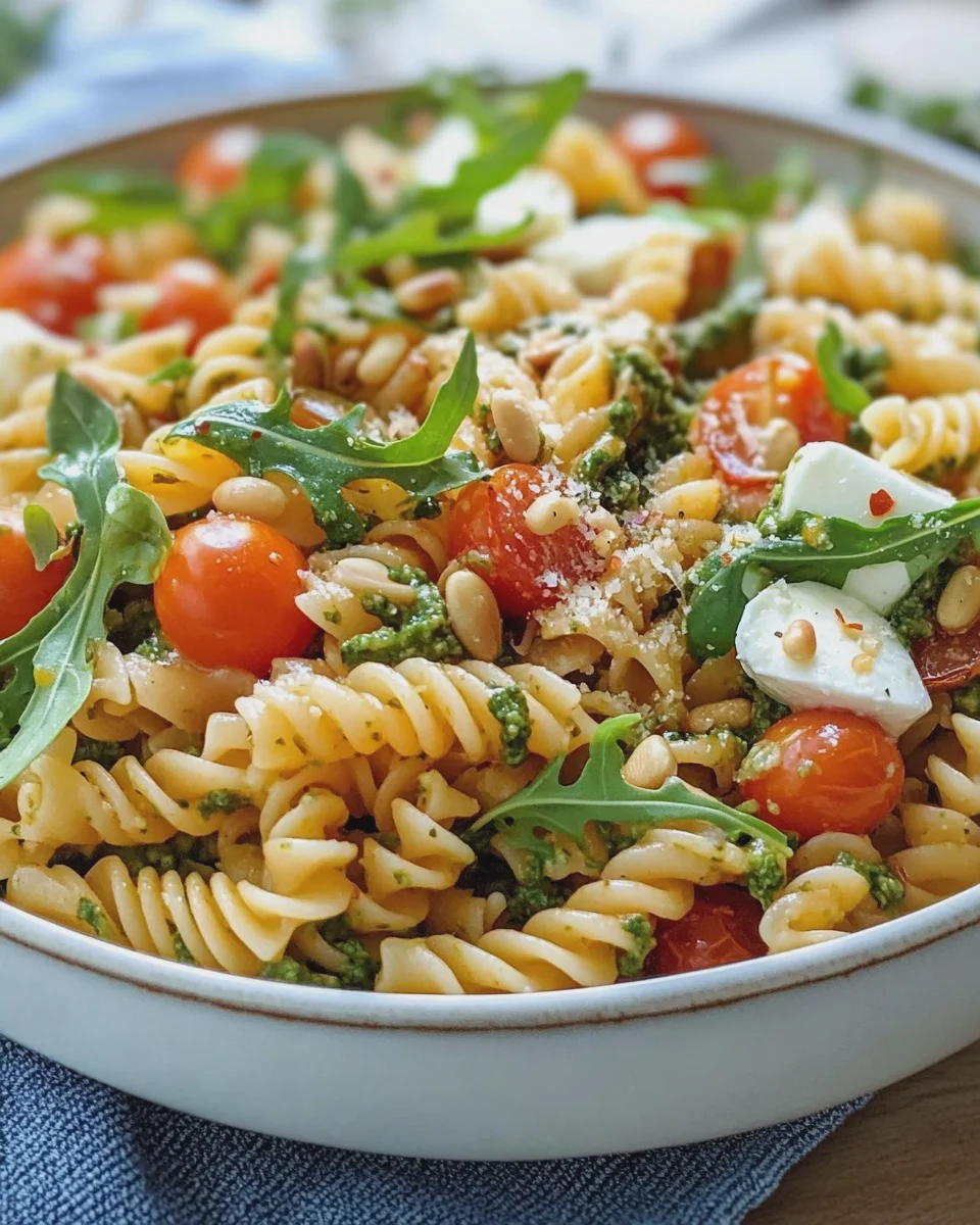 Nudelsalat mit Tomatenpesto, Rucola und Mozzarella