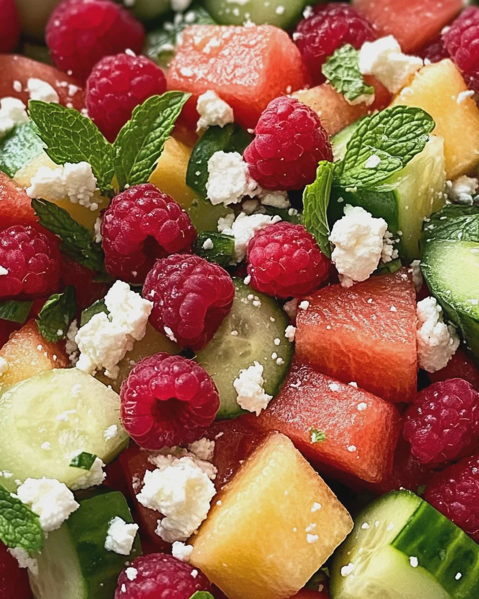 Sommersalat mit Melone, Gurke und Himbeeren