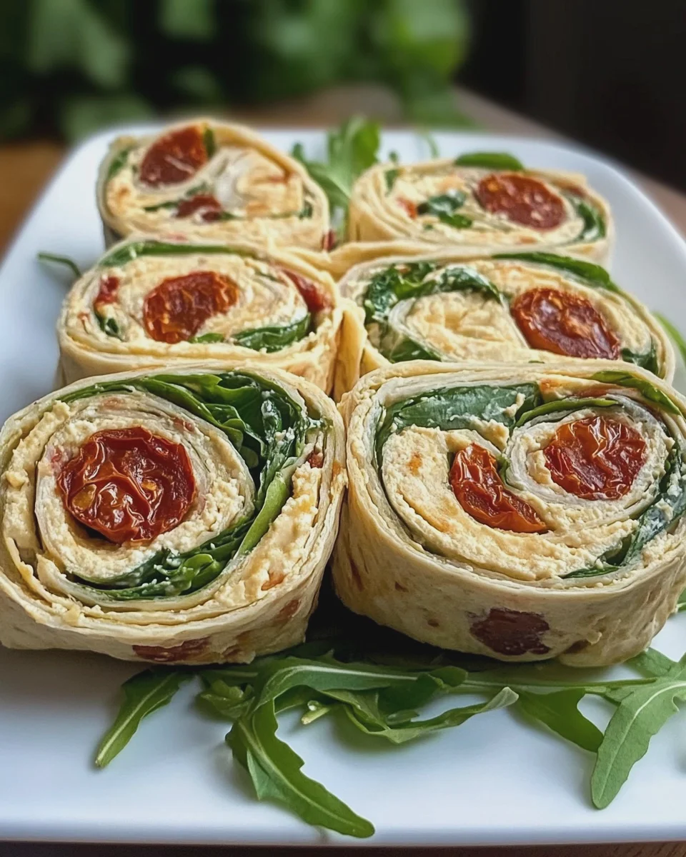 Vegetarische Wrap-Röllchen mit Rucola und Tomaten