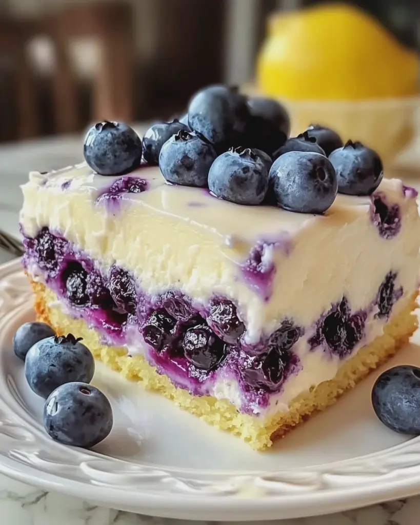 Zitronen-Blaubeer-Kuchen mit Cheesecake-Topping